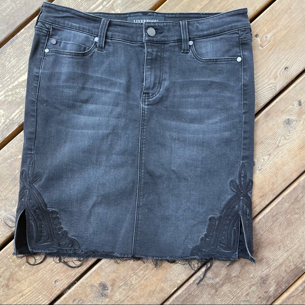 Black Liverpool Jeans Embroidered Denim Pencil Skirt